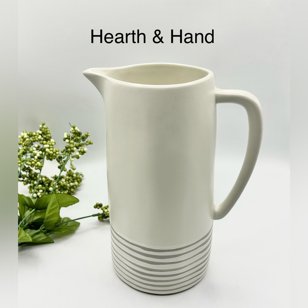 Hearth & Hand Magnolia Pitcher with Grey Stripes. Joanna Gaines Waco TX